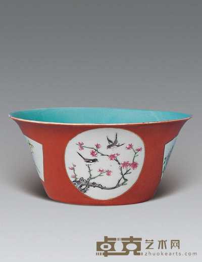 民国 珊瑚红开光花卉碗 直径15cm